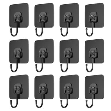 12 Stück Haken Selbstklebend Schwarz,Haken Selbstklebend,(max 30 kg) Extra Stark Wasserdicht und Spurlos Klebehaken,für Badezimmer,Decke,Wandhaken,Küchenutensilien,Schlüssel,Bad,Kleiderrucksack