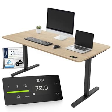 Yaasa Desk Pro Elektrisch Höhenverstellbarer Schreibtisch Eiche hell/Schwarz 160 x 80 cm – Ergonomischer Schreibtisch mit Abgerundeter Tischplatte & ErgoTouch-Display – Traglast 120 kg