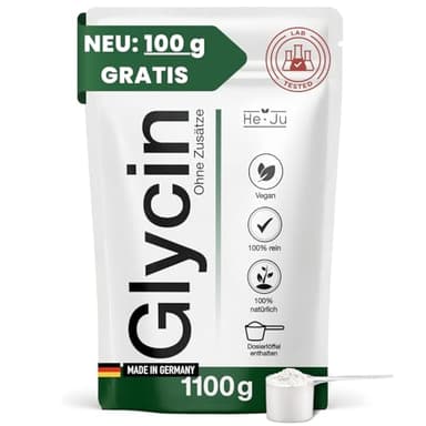 He-Ju Glycin Pulver 1100 g, 100 % rein & vegan 366 Portionen, laborgeprüft, Aminosäuren Pulver ohne Zusatzstoffe für Fitness, Regeneration, Schlaf, Made in Germany