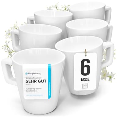 Porzellan Kaffeetassen 6 Personen Crystal TESTSIEGER, Cooles klares Porzellan Tassen Set, Stylisches Tee- und Kaffeebecher Set, Pure Living in weiß
