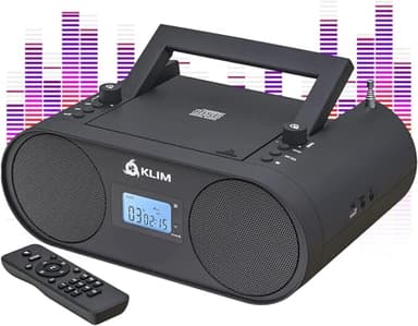 KLIM Boombox B4 Radio mit CD Player + AM/FM Radio, MP3, Bluetooth, AUX, USB tragbar mit kabellosem Modus und aufladbaren Akku + Mit Fernbedienung, Autosleep, Digital EQ