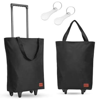 MOONCY 2-in-1 Einkaufstrolley, 30L Große Einkaufstasche auf Rollen, Leichter Einkaufswagen Klappbar für Camping und Reisen, Inklusive Einkaufswagenlöser, Schwarz