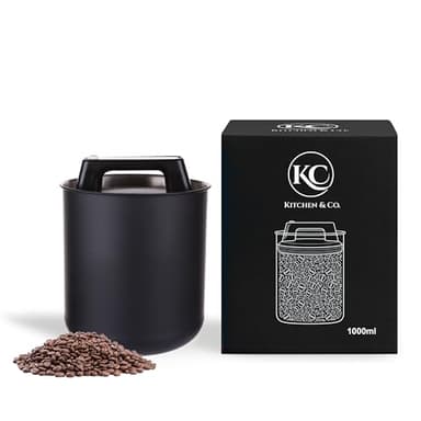 KC Kitchen & Co. Kaffeedose luftdicht für 250 g Kaffeebohnen – Edelstahl Vorratsdose mit Vakuumdeckel & Aromaverschluss – Aufbewahrungsdose für Kaffee, Tee, Zucker, Müsli – Mattschwarz (1000 ml)