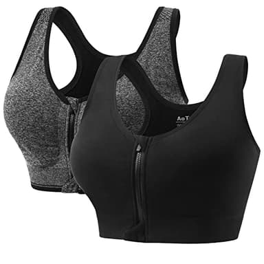 AoToZan 2 Pack Sport BH Damen Starker Halt mit Reißverschluss Vorne, Nahtlose Gepolstert Running Yoga Sports Bra Ohne Bügel (Schwarz Grau,L)