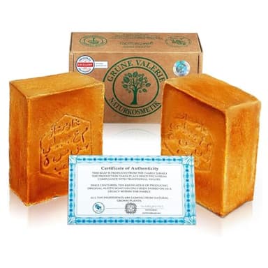 GRÜNE VALERIE® Original Aleppo Seife Set 2 x 200g (400g+) mit 20% / 80% Lorbeeröl/Olivenöl |6 Jahre gereift|Feste Seife, Naturseife/Haarseife/Duschseife | Handarbeit | DERMATEST:"Exzellent"