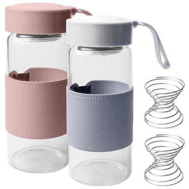 Leikurvo Kleine Glas-Shaker-Flasche, 2 Stück 480ml Borosilikatglas Shakers Flasche, Protein Shakers, BPA-frei, Shaker Flasches Rührball Set mit Silikonhülle für Fitness & Eiweißdrinks (Blau + Pink)