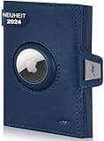 Marc Peter® Jupiter Airtag Echtleder Geldbörse mit XL Münzfach | Kleines Airtag Portemonnaie für Herren mit RFID | Apple Airtag Mini Geldbörse für Männer | Kreditkartenetui für bis zu 11 Karten Blau