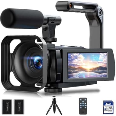 Videokamera 5K, 56MP Camcorder Vlogging Kamera für YouTube, WiFi Nachtsicht 3" 270° drehbarer Touchscreen Webcam Camcorder, Video Camera mit 64GB Karte, Fernbedienung, Mikrofon, 2 Batterien, Stativ