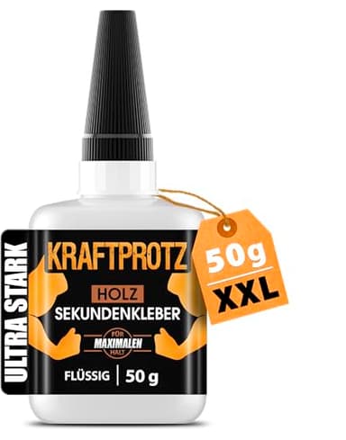 Sekundenkleber für Holz extra stark - 50g FLÜSSIGER Superkleber für Basteln, Holzverbindungen & Reparaturen - wasserfest & hitzebeständig - KRAFTPROTZ Holzkleber mit Anti-Austrocknungs-Spitze
