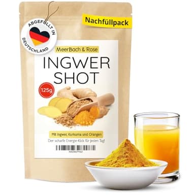 Meerbach & Rose Fruchtig scharfer Ingwer Shot 125g, Nachfüllpack, veganer Ingwer und Kurkuma Shot zum Anrühren im Beutel für bis zu 160 Shots, Pulver
