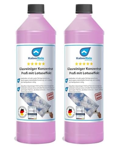 KaiserRein Glasreiniger Konzentrat mit Lotuseffekt 2x 1L - Professioneller Fensterreiniger für streifenfreien Glanz auf Glas, Fenstern und Spiegeln - Fenstersauger geeignet