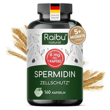 160 Spermidin Kapseln Hochdosiert - 6 mg Spermidin pro Kapsel - über 5 Monate Vorrat, Aus Weizenkeimextrakt - Vegan, Natürlich & Ohne Zusatzstoffe - Raibu