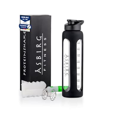 Asbirg | Glas Protein Shaker 1000ml – BPA-frei, auslaufsicher & robust – Eiweiß Shaker mit Mixball aus Borosilikatglas – Trinkflasche für Fitness & Sport | Schwarz