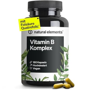 natural elements Vitamin B Komplex - 180 Kapseln - Hochdosiert: Mit 500 µg Vitamin B12 - alle 8 B-Vitamine (B1, B2, B3, B5, B6, B7, B9, B12) - vegan, in Deutschland produziert & laborgeprüft