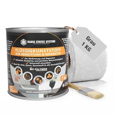 HSS Flüssigkunststoff Abdichtungsset inkl. Pinsel & Vlies – UV- & witterungsbeständig – MS-Polymer – lösungsmittel- & bitumenfrei – Grau – 1 kg für ca. 1 m²