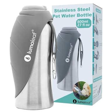 LumoLeaf Hundetrinkflasche für unterwegs, 800ml Edelstahl Trinkflasche Hund, Tragbare Haustier Wasserflasche, Hunde Wasserspender Reise Zubehör für Wandern und Campen (Grau)