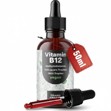 Vitamin B12 Hochdosiert - 50 ml - 1800 Tropfen - Methylcobalamin 500 µg pro Tropfen, vegan - B12 Vitamin - Produziert in Deutschland - Verpackung kann variieren - Laborgeprüft