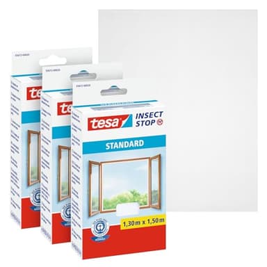 tesa Insect Stop Standard Fliegengitter für Fenster im 3er Pack - Insektenschutz zuschneidbar - Mückenschutz ohne Bohren - 3 x Fliegen Netz - 130 cm x 150 cm - Weiß