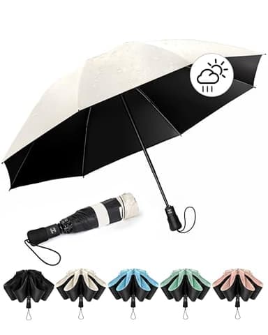 Chakipee Kompakter Reise Regenschirm Groß Sturmfest – Automatik Taschenschirm Tragbarer UV-Schirm für Damen und Herren, 210T Beschichtung 97 cm Spannweite 8 Rippen Taschenschirme Beige