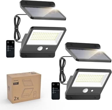 Philips Solarlampen für Außen 6500K LED, Solarbetriebener Fluter mit PIR-Bewegungsmelder, Fernbedienung mit 5m Kabel, IP65 Wasserdicht, 3 Modi (2 Stück)