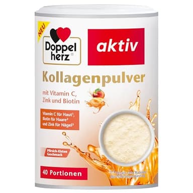 Doppelherz Kollagenpulver mit Vitamin C, Zink und Biotin, 5000 mg Kollagenhydrolysat je 7,5 g Pulver, 40 Portionen, Pfirsich-Eistee Gechmack, 300 g