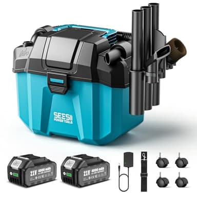 SEESII Akku Nass und Trockensauger, 3-in-1 Werkstattsauger mit Gebläse 2x4000mAh Batterien, 10L Nass Trockensauger Mini, Schultergurt, 4 Rädern und Aufsätzen, Ideal für Werkstatt/Auto/Baustelle (Blue)