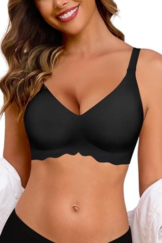 HORISUN Bügelloser BH für Damen, Bequem Nahtlos mit 3D Jelly Strip Push up Schlafen Yoga Guter Halt Anti-Achselbeulen (Hinunter Welle Schwarz L)