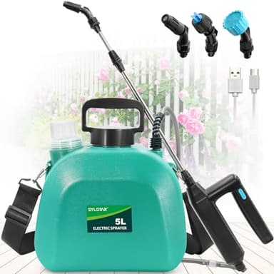 SYLSTAR Drucksprüher 5 Liter, 7.4V Stärkerer Akku Drucksprüher mit 4 Verstellbaren Düsen,3 Sprühgeschwindigkeiten Elektrischer Pflanzensprüher und 60cm Teleskopstab für Gartenspritze Unkrautspritze