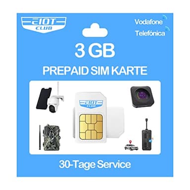 EIOTCLUB Prepaid SIM Karte ohne Vertrag, Kompatibel mit Vodafone & Telefónica Netz, 3GB for 30 Tage, nur Daten, für LTE Überwachungskamera & Wildkamera & GPS-Tracker