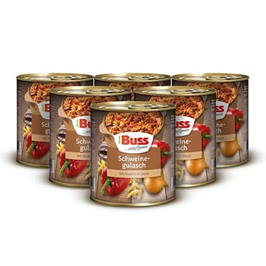 Buss Rustikale Gerichte - Gulasch vom Schwein mit Nudeln und Paprika - Lang haltbare Fertiggerichte zum schnellen Aufwärmen in Mikrowelle & Topf - 6 x 800g