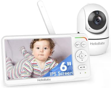 HelloBaby 6 Zoll Baby Monitor mit Kamera, 4000mAh Akku Babyfone, Kabelgebundene Kamera, 355°/120° Schwenk & Neige, Nachtsicht, Kein WLAN, Temperaturalarm & Schlaflieder, ECO, Kein WLAN