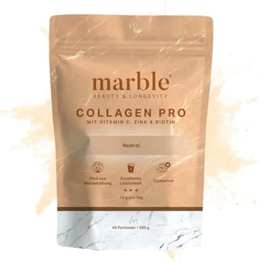 marble® Kollagen Pulver PRO 450 g - Collagen Pulver plus Vitamin C, Zink & Biotin - Collagenpeptide - 60 Tage risikofrei testen - aus Weiderind mit perfekter Löslichkeit – Neutral