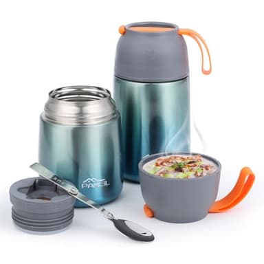 Pameil Thermobehälter für Essen 650ml+450ml, Wärmebehälter für Speisen Edelstahl mit Faltbaren Löffel, Thermo Lunchbox für Suppen, Brei, Eiscreme und Joghurt.(450ml+650ml/Grün)