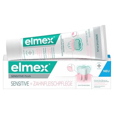 elmex® SENSITIVE PLUS SENSITIVE + ZAHNFLEISCHPFLEGE, 75ml, mit klinisch bestätigter Duo Technolgie aus Zinnfluorid & Zink-Phosphat. Schützt gegen Schmerzempfindlichkeit, Karies & Gingivitis