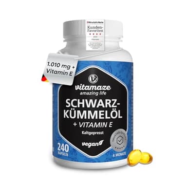Ägyptisches Schwarzkümmelöl mit Vitamin E, 240 vegane Kapseln, Komplex mit 1010 mg pro Tag (Nigella sativa), Kaltgepresst, Hochdosiert, Sorgfältig Laborgeprüft, Produziert in Deutschland.