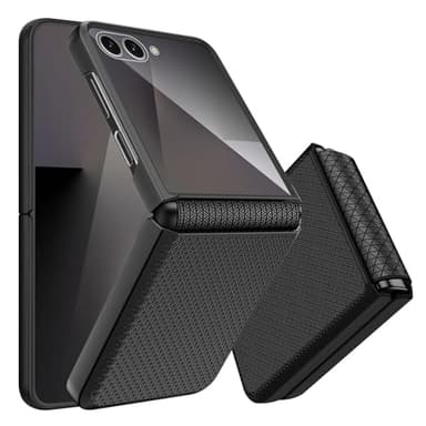 Giyer Handyhülle für Samsung Galaxy Z Flip 7 Hülle mit Displayschutzfolie Scharnierschutz, Rutschfester Textur Hard PC Rugged Stoßfest Schutzhülle für Samsung Z Flip 7 5G Flip Case Cover (Schwarz)
