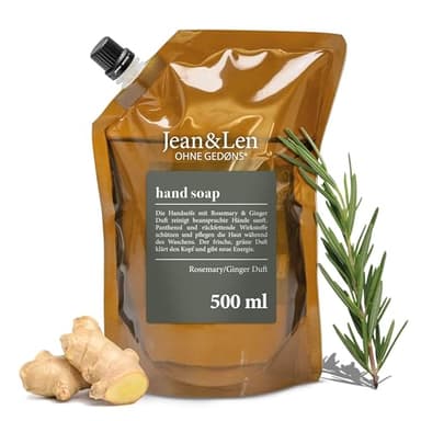 Jean & Len Handseife Rosemary & Ginger, reinigt beanspruchte Hände, für die tägliche Anwendung, Flüssigseife im Nachfüllpack, ohne Parabene, Silikone & Mikroplastik, 500 ml