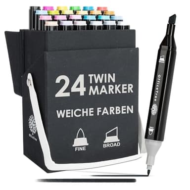 OfficeTree 24 Alkohol Marker - Weiche Farben - Twin Marker Set zum Zeichnen und Malen - Touch Marker Stifte auch als Manga Stifte