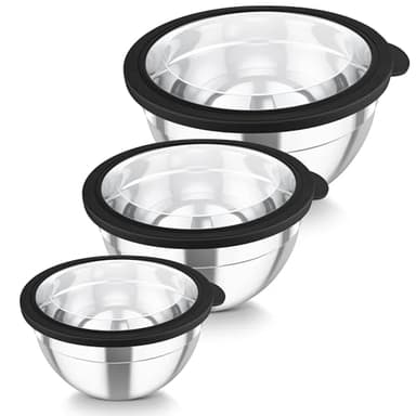 TEAMFAR Rührschüssel Set, 3 Stück Edelstahl Schüssel mit Transparenter Luftdichtem Deckel, Stapelbar Schüsselset, 4,5L/3L/1,5L, Salatschüssel zum Servieren/Kochen/Backen, Spülmaschinenfest - Schwarz