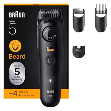 Braun Barttrimmer Series 5, Elektrischer Bartschneider Herren mit 4 Zubehörteile, Ultrascharfe ProBlade Klinge, 120 Min Akkulaufzeit, Kabelloser Bartrasierer, 40 Längen, Wasserdicht, BT5520, Schwarz