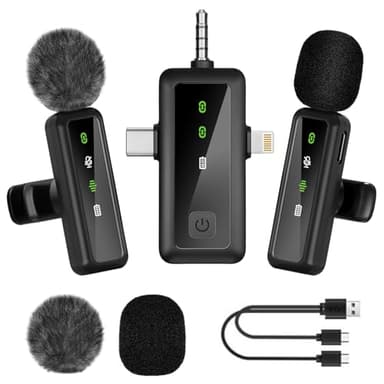 2 Pcs Lavalier Mikrofon, mit 3-in-1 Universal Empfänger, Rauschunterdrückung 20m, Plug-Play, Mini Mikrofon Wireless Bluetooth Kabellos für Handy Computer Kameras, Microphone für Podcast Vlog Interview