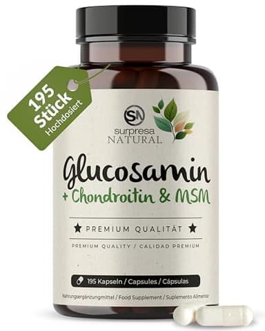 Surpresa Natural Glucosamin Chondroitin & MSM Kapseln hochdosiert I 1x 195 Kapseln I 4500 mg pro Tagesdosis I Nahrungsergänzungsmittel ohne Zusatzstoffe & laborgeprüft I 1 Monatsvorrat