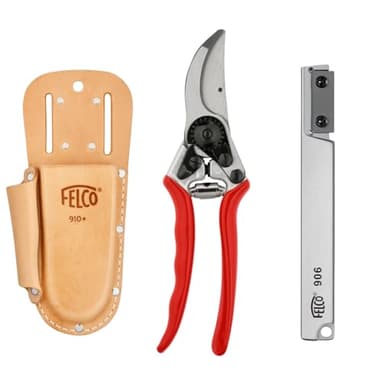 Set mit Gartenschere FELCO 11, praktischem Lederetui F 910+ und kompaktem Schleifgerät F 906, ideale Werkzeuge für präzises Schneiden