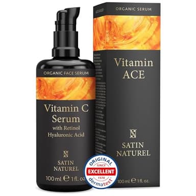 Satin Naturel Vitamin C Serum hochdosiert 100ml mit Retinol + Hyaluron - Für Glow, gegen dunkle Flecken, Anti Falten - Allrounder Serum Gesicht - Für jede Haut geeignet - 100% Vegan Skincare