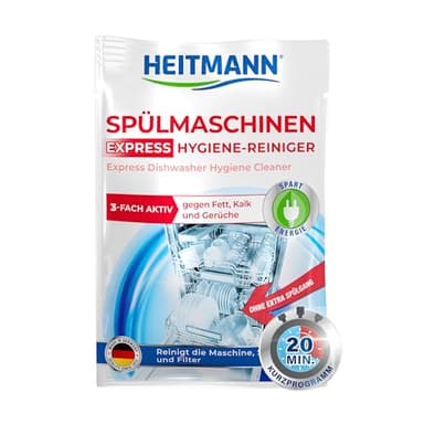 HEITMANN Express Spülmaschinen-Hygiene-Reiniger: Dreifach-aktiv-Formel gegen Fett, Kalk und Gerüche, Maschinenpflege im Kurzprogramm, Reinigt Geschirrspüler, Sprüharme & Filter, 30 g