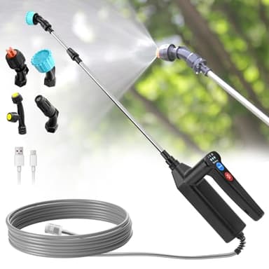 SYLSTAR Akku Drucksprüher mit 3 Sprühgeschwindigkeiten,7.4V Stärkerer Elektrischer Pflanzensprüher, 4 Verstellbaren Düsen Elektrischer Drucksprüher,8m Schlauch und 60cm Ausziehbarem Sprührohr