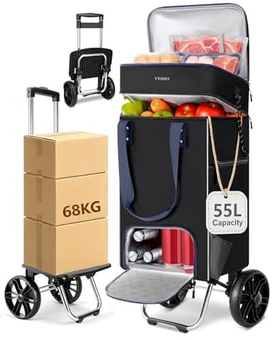 Ytonet Einkaufstrolley Klappbar mit Kühlfach, Einkaufswagen Groß Wasserdicht mit Starrer Bodenplatte für 55 Liter/68 kg, 3 in1 Shopping Trolley Sackkarre & Einkaufstasche mit Großen Rädern, Schwarz