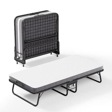 houcheyai Klappbett 90x190 cm Gästebett Klappbar, Klappbett mit Matratze 10cm Dicker, Faltbare Metallbett Einzelbett mit 4 Rollen, Foldable Bed Belastung 200 kg für Schlafzimmer Wohnzimmer