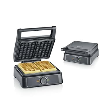 SEVERIN Waffeleisen belgische Waffel, quadratische Waffeln, Keramikbeschichtung mit PFAS-freier Beschichtung, mit Kontrollleuchte, praktische Kabelaufwicklung, 1.600 Watt, schwarz-Edelstahl, WA 2130
