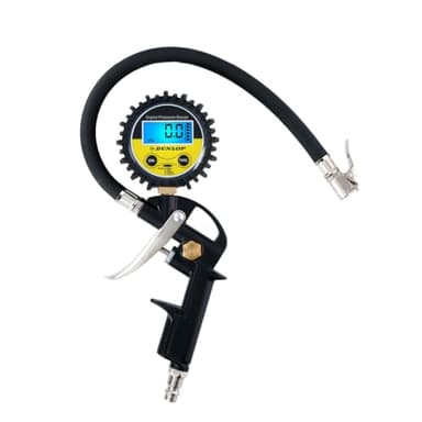 Dunlop Digitales Reifendruckprüfer - Misst in PSI/BAR/KPA/KG - Batteriebetrieben - 30 CM Luftschlauch - Passend für die meisten Luftkompressoren - Auto, Fahhrad, Motorrad und LKW - Schwarz